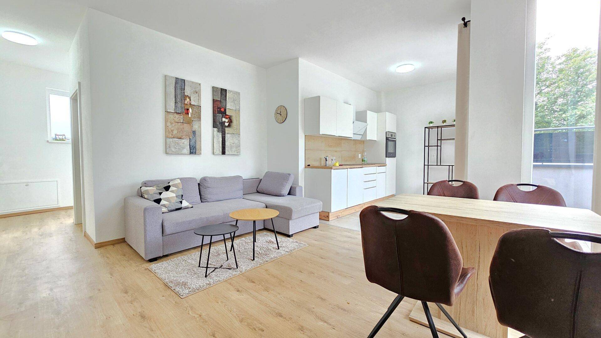 Moderner Wohnbereich mit Sofa, Essplatz und integrierter Küchenzeile.