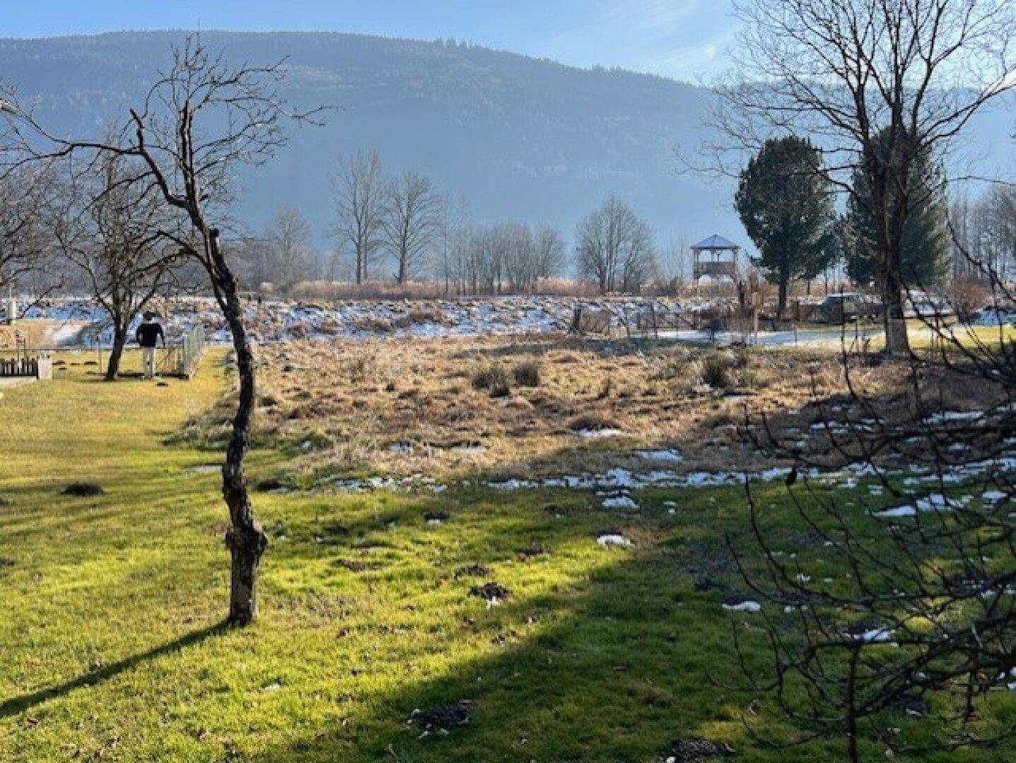 Weite Landschaft mit trockener Vegetation, Schneeflecken und einem Aussichtsturm vor Bergkulisse.
