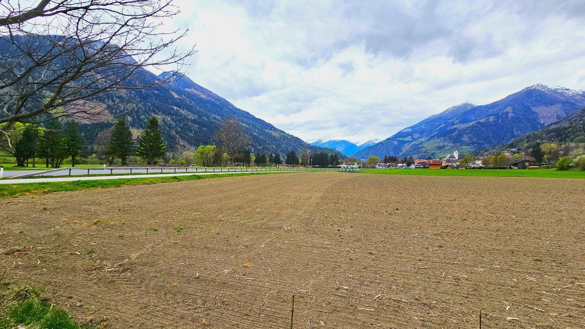 Panoramablick über ein Feld auf die Alpen und ein kleines Dorf in der Ferne unter bewölktem Himmel.