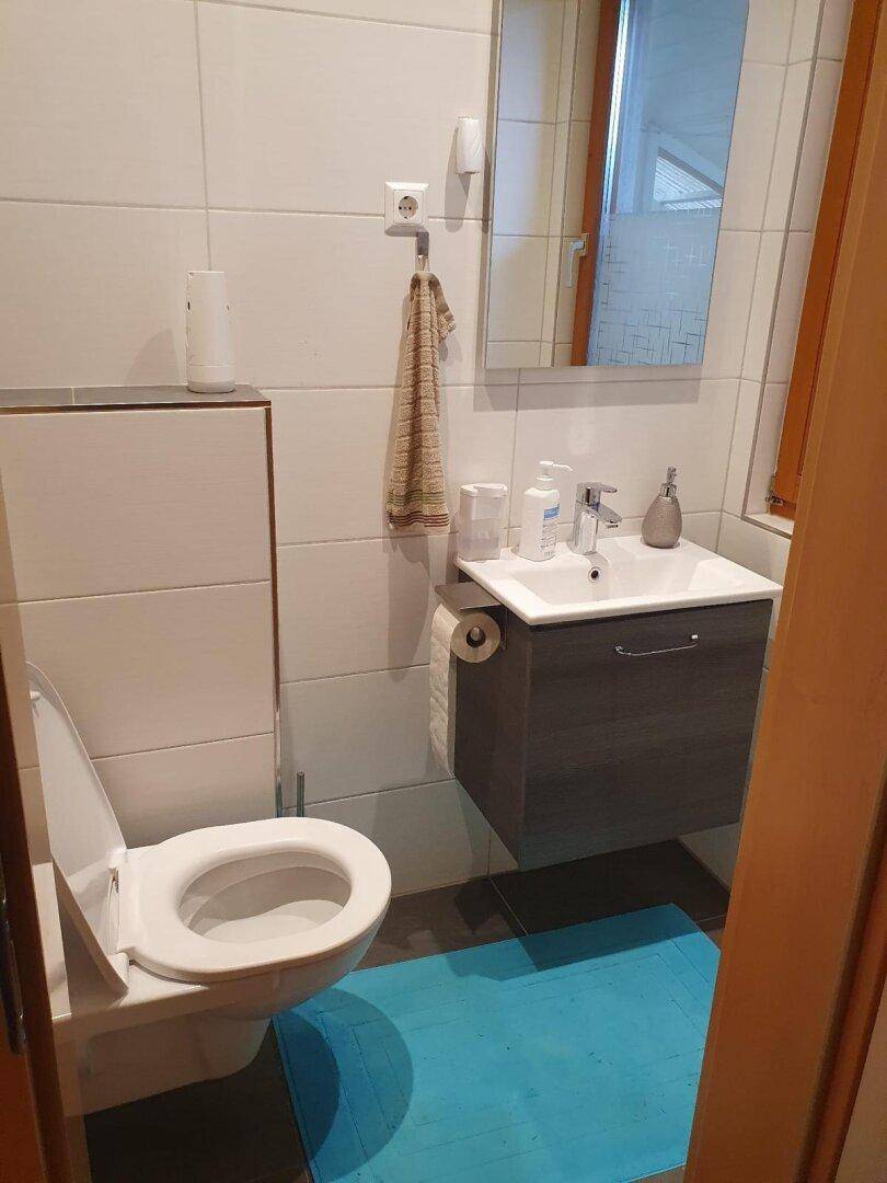 Kleines Gäste-WC mit wandhängender Toilette und Waschbecken.