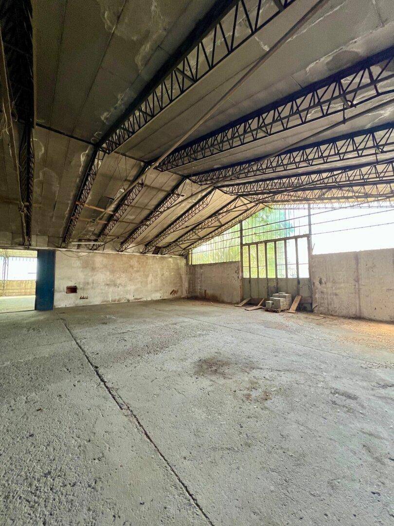 Innenansicht einer geräumigen Lagerhalle mit hoher Decke, Betonboden und großen Fenstern.