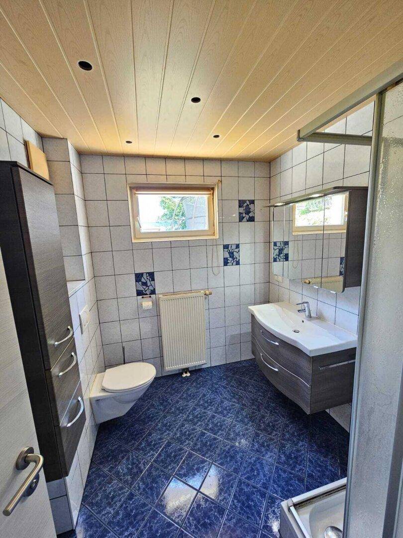 Badezimmer mit blauen Bodenfliesen, Toilette, Waschtisch und Duschkabine unter einer Holzdecke.