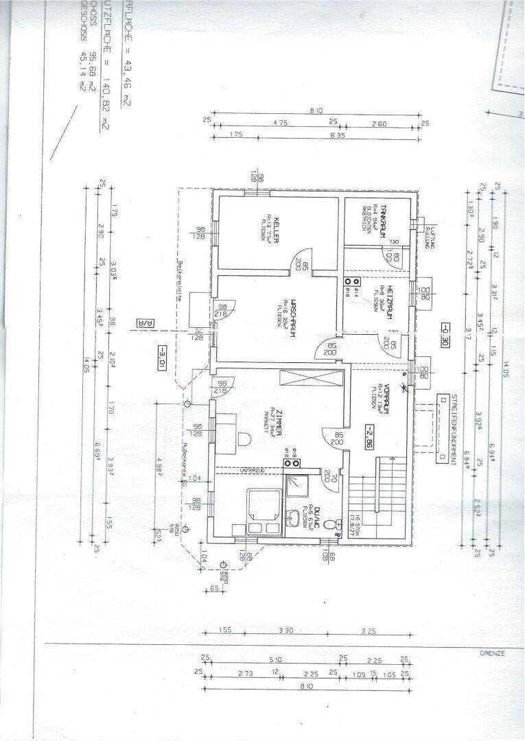 Grundriss des Kellergeschosses mit Waschraum, Heizraum und weiteren Kellerräumen.