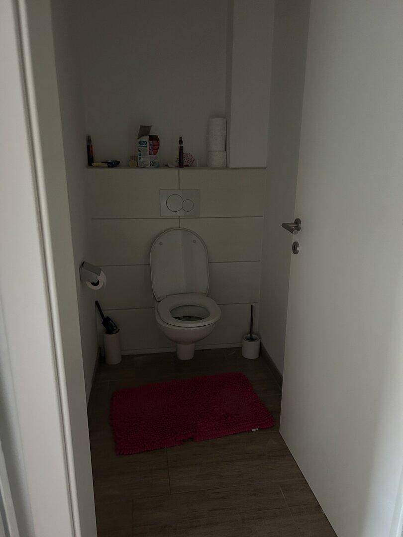 Kleines Gäste-WC mit wandhängender Toilette und einem roten Teppich, funktional und schlicht.