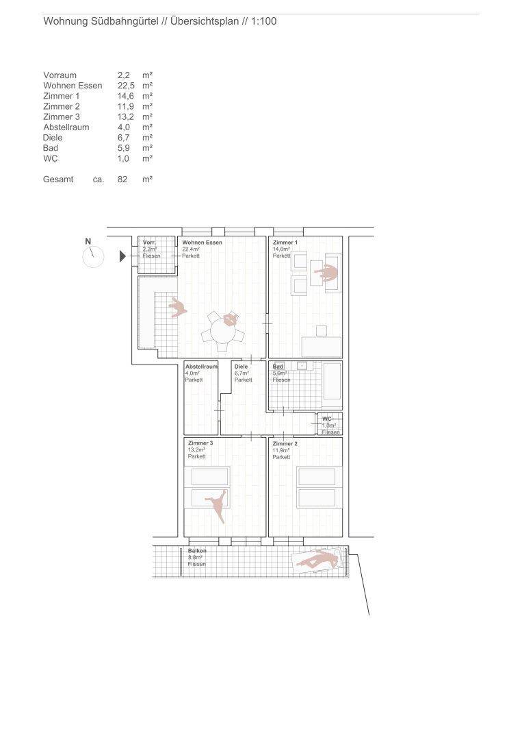 Grundriss der Wohnung mit offenem Wohn-Essbereich, drei Zimmern und Balkon.