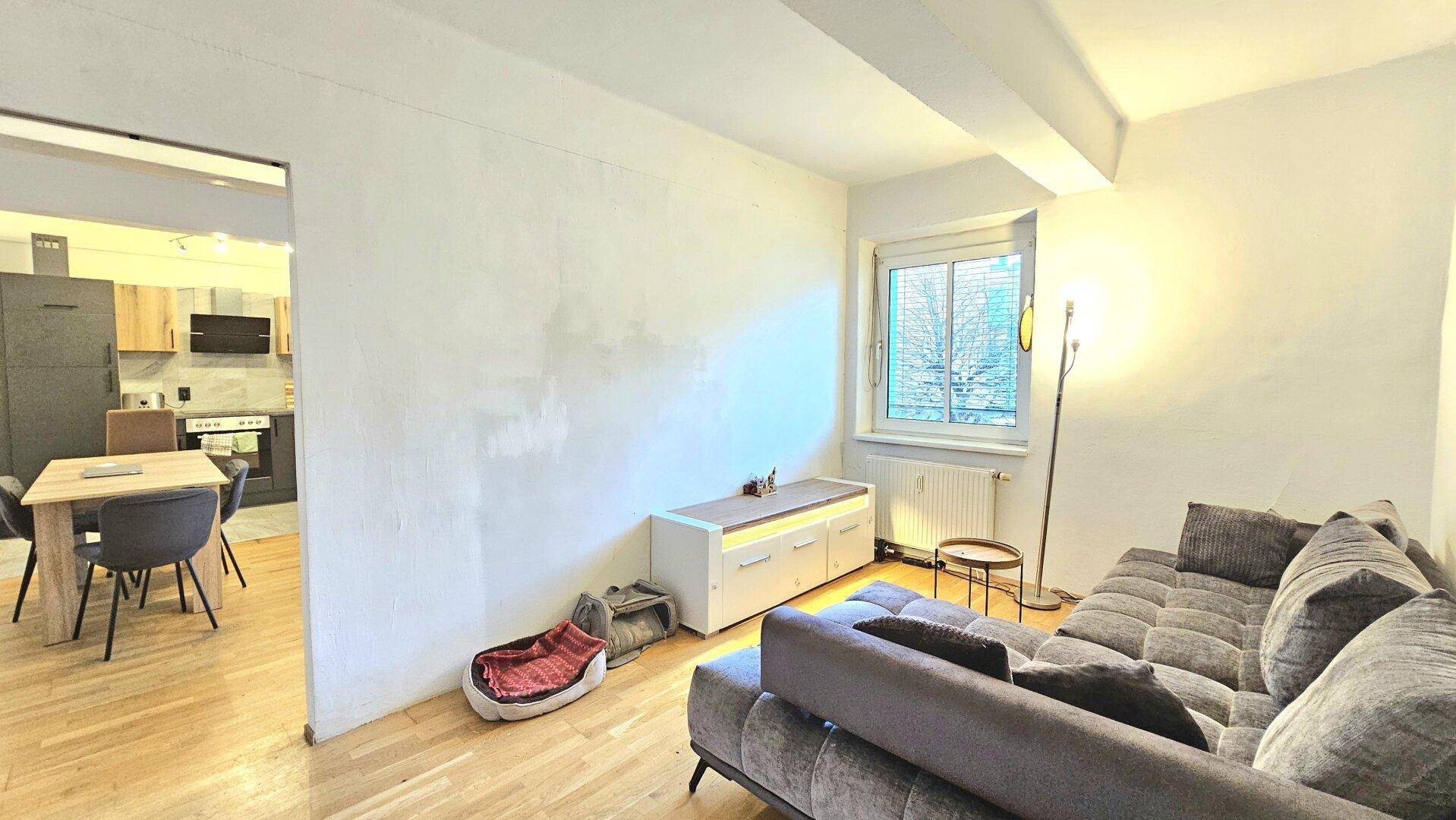 Gemütliches Wohnzimmer mit Sofa und Blick auf den Essbereich und die offene Küche.