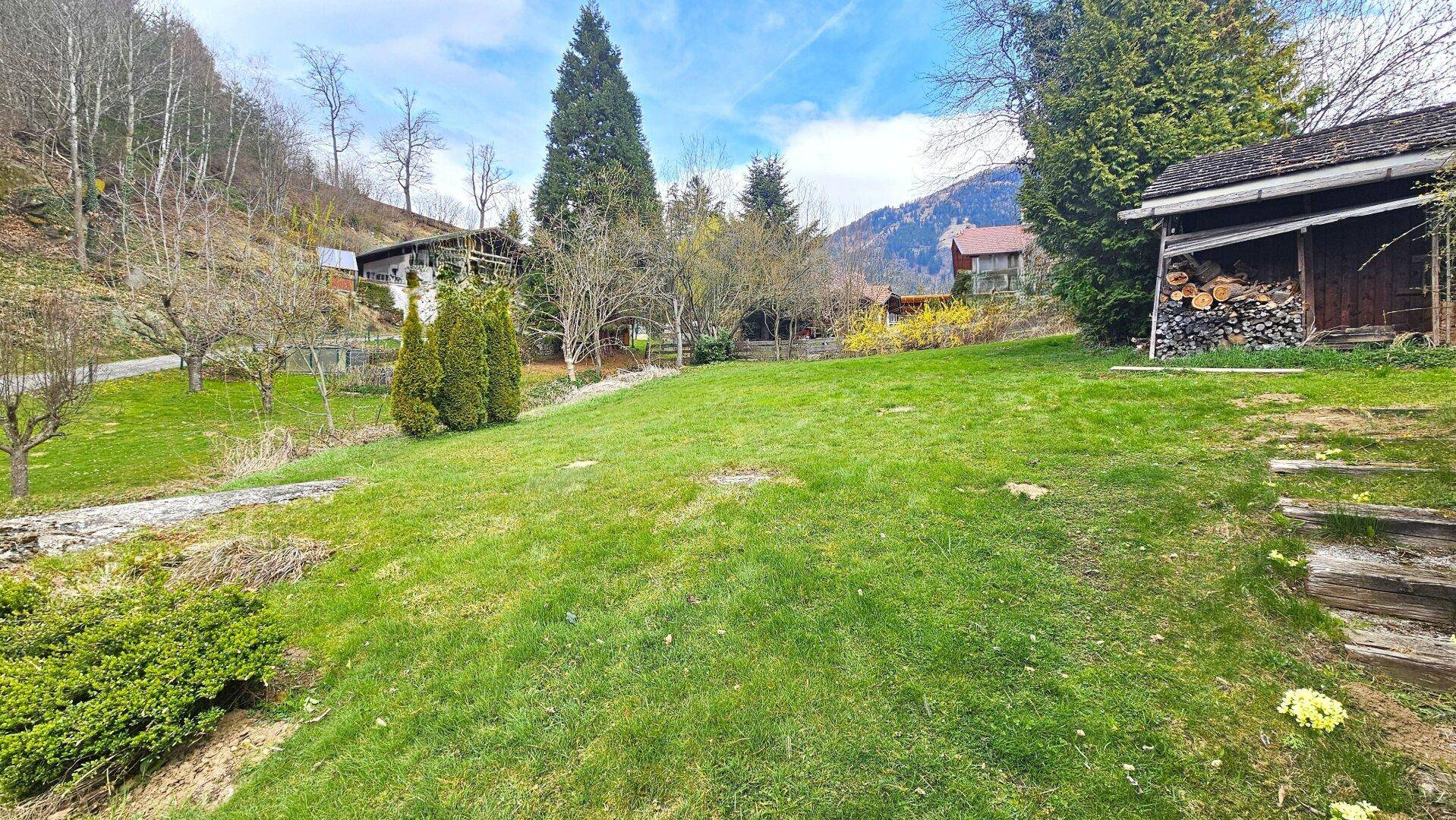 Großer, gepflegter Gartenbereich mit Rasen, Bäumen und einem Holzschuppen im ländlichen Ambiente.