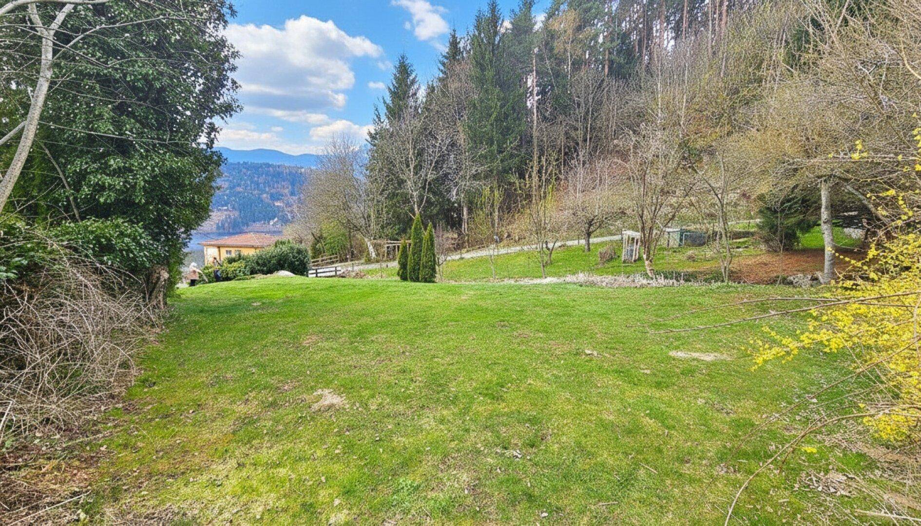 Offener Gartenbereich mit viel Grün, Bäumen und einem entfernten Blick auf den See und die Berge.