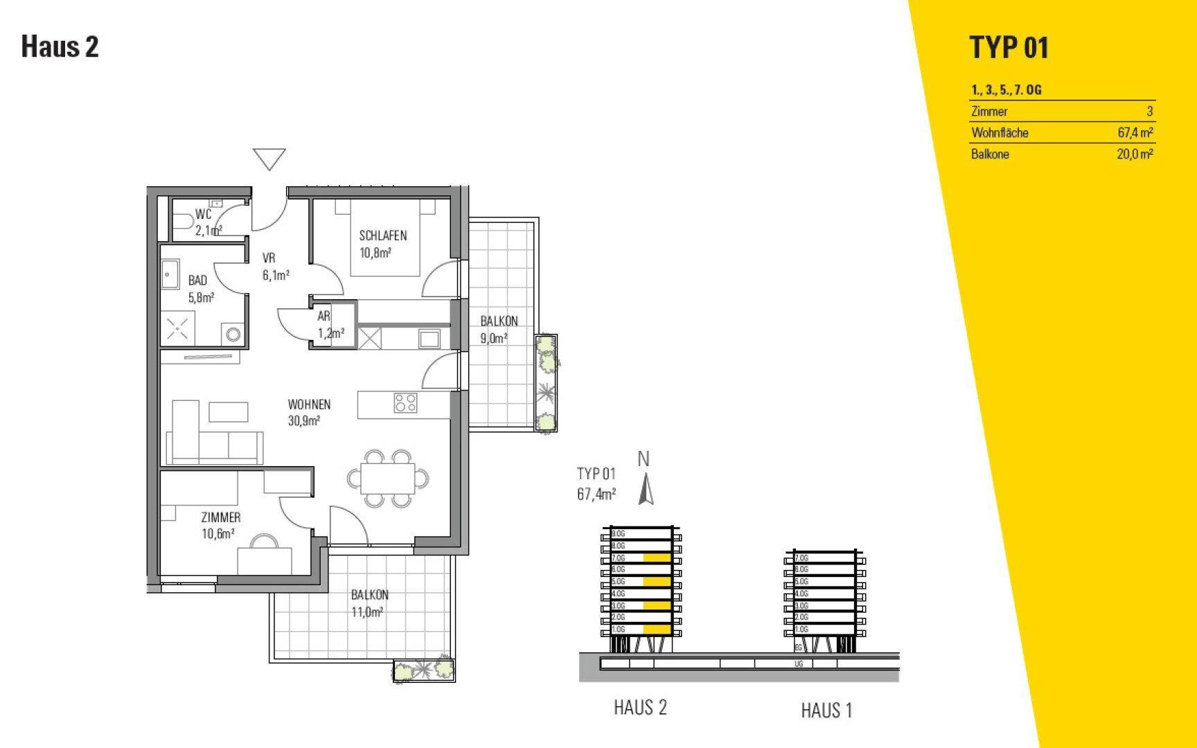 Grundriss Typ 01 von Haus 2 mit Wohnbereich, Schlafzimmern, Bad, WC und zwei Balkonen.