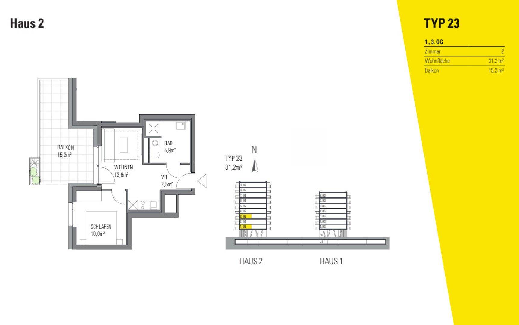 Grundriss für Typ 23 mit Wohnbereich, Schlafzimmer, Bad und einem großzügigen Balkon.
