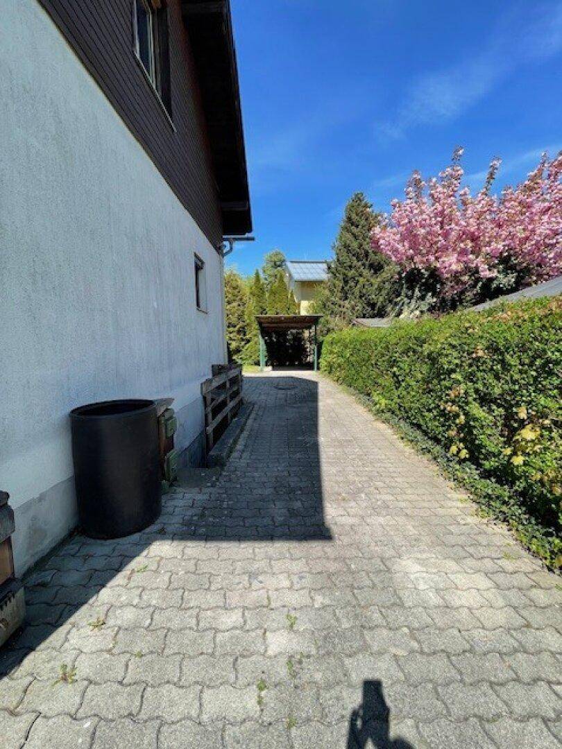 Gepflasterte Zufahrt zum Carport, umgeben von einer grünen Hecke und Bäumen.