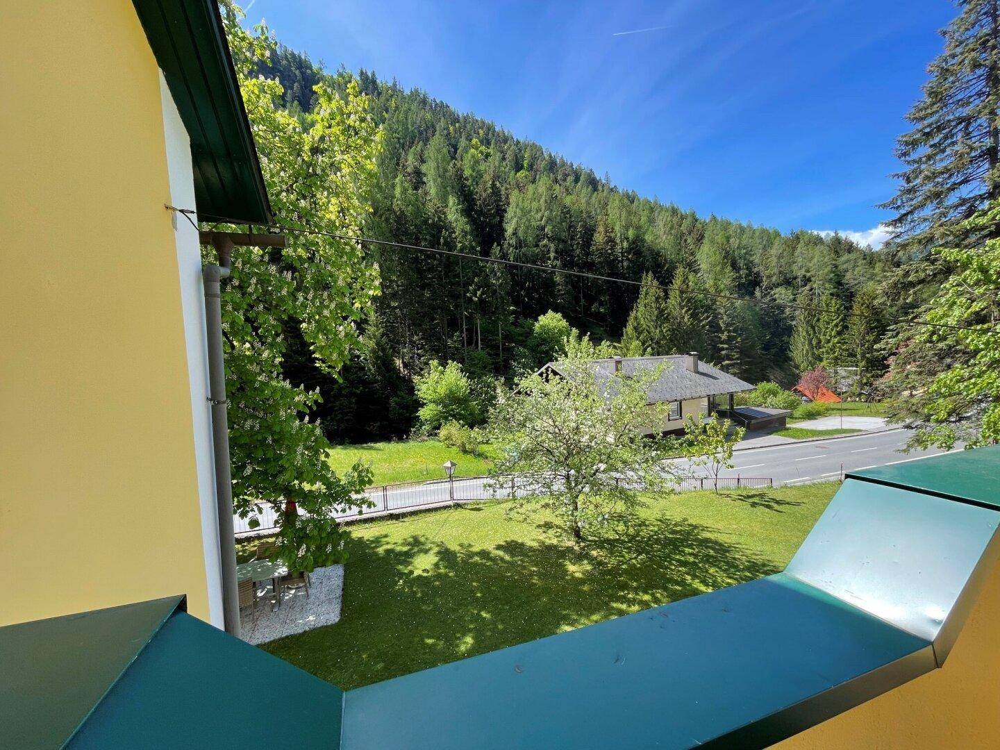 Panoramablick von der Terrasse auf grüne Wälder, eine Straße und die Bergwelt.