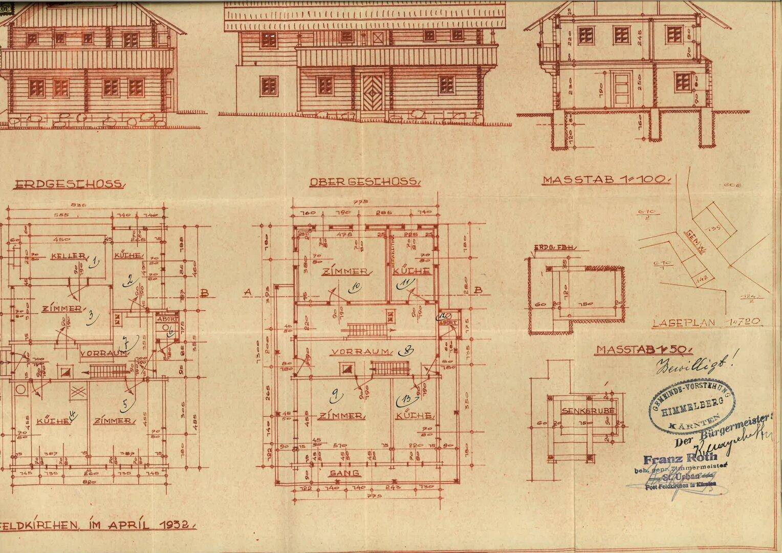 Historischer Grundriss von 1955 mit Erdgeschoss- und Obergeschossplänen des Hauses, detailliert dargestellt.