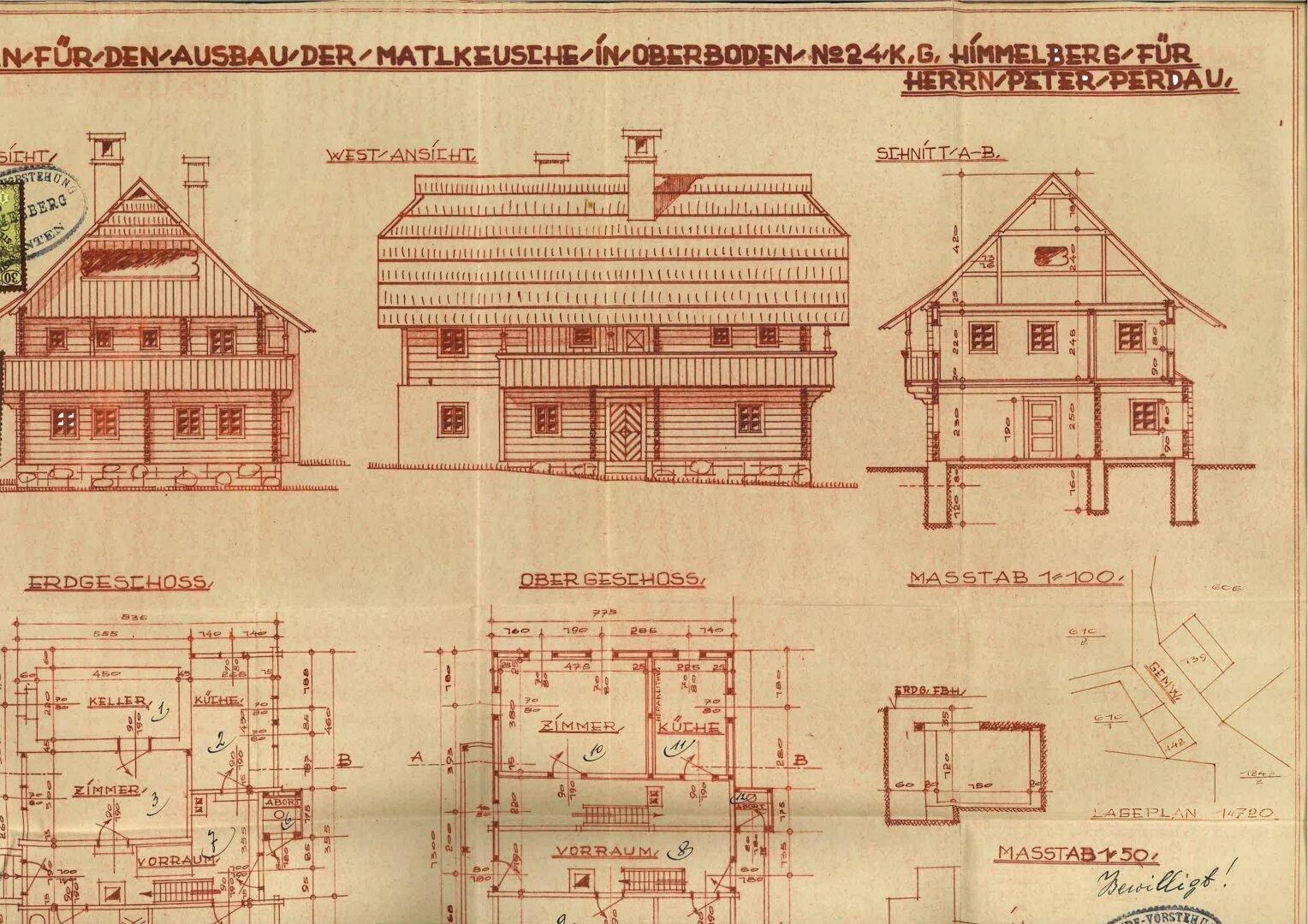 Detaillierter Bauplan von 1955 mit Ansichten und Grundrissen für Erd- und Obergeschoss des Gebäudes.