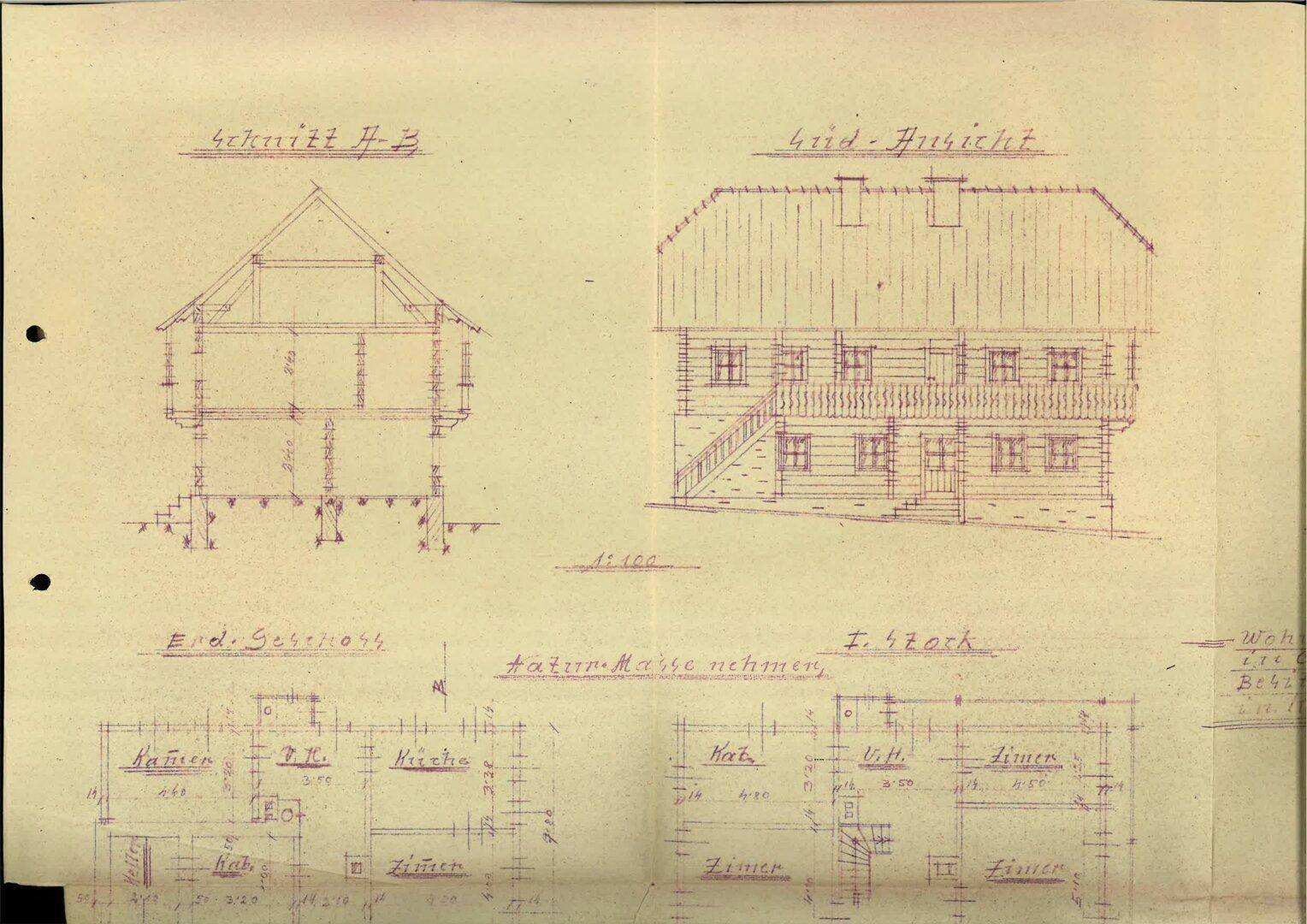 Alter Bauplan mit Schnittansicht und Grundrissen für Erdgeschoss und ersten Stock, detaillierte Zeichnung.