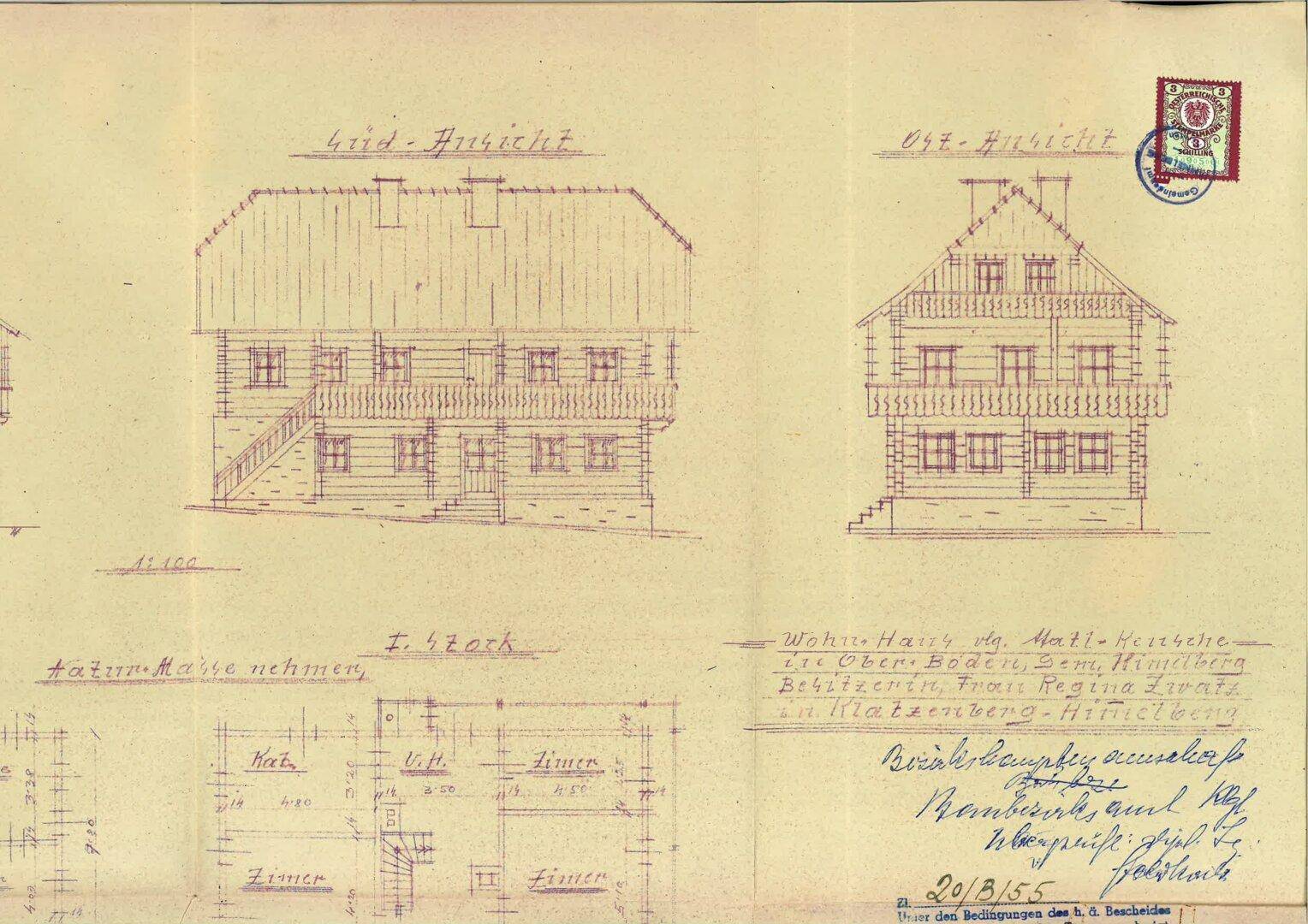 Historischer Bauplan mit Ansichten und Grundrissen des ersten Stocks, inklusive Zimmeraufteilung und Maßen.