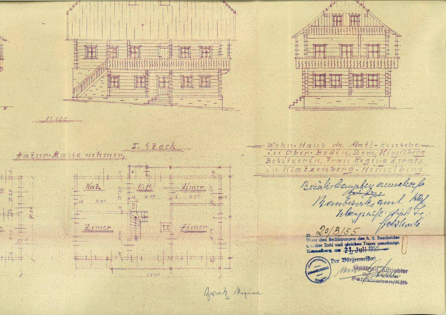 Historischer Bauplan mit Ansichten und Grundrissen des ersten Stocks und handschriftlichen Notizen.