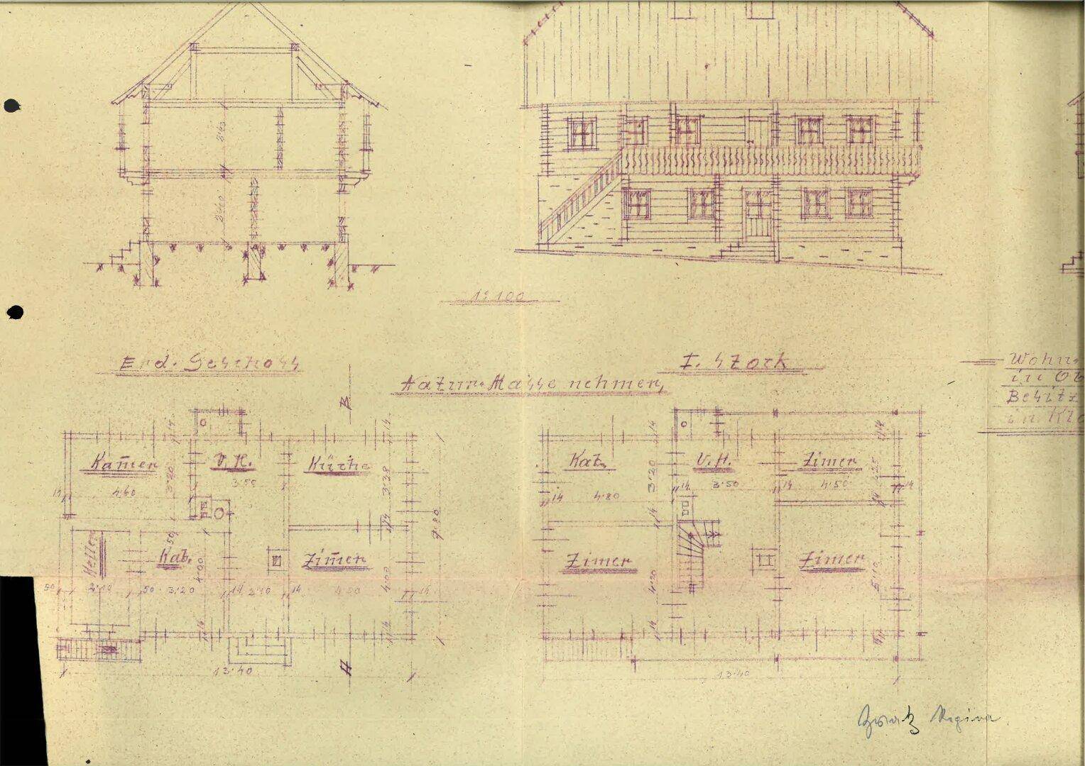 Alter Bauplan mit Schnittansicht und Grundrissen für Erdgeschoss und ersten Stock, mit Raumbezeichnungen.
