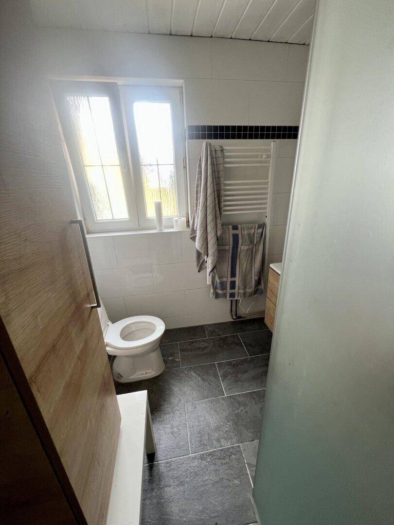 Modernisiertes Badezimmer mit Toilette, Fenster und beheiztem Handtuchhalter.