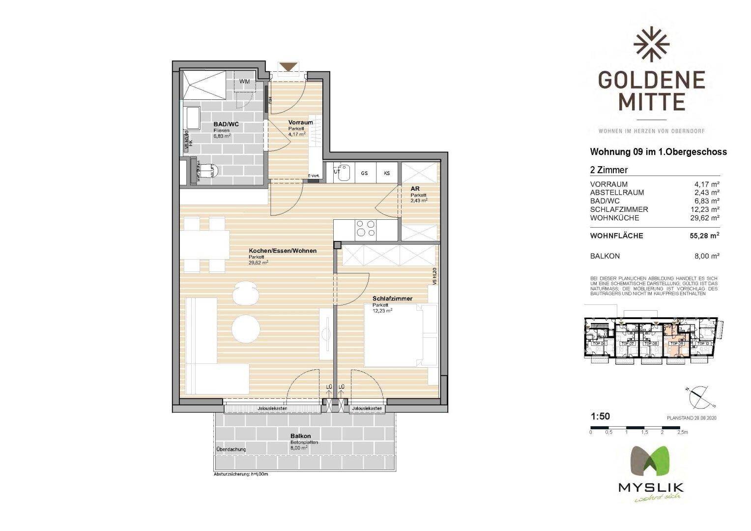 Grundriss der Wohnung 08 im ersten Obergeschoss mit zwei Zimmern und Balkon.