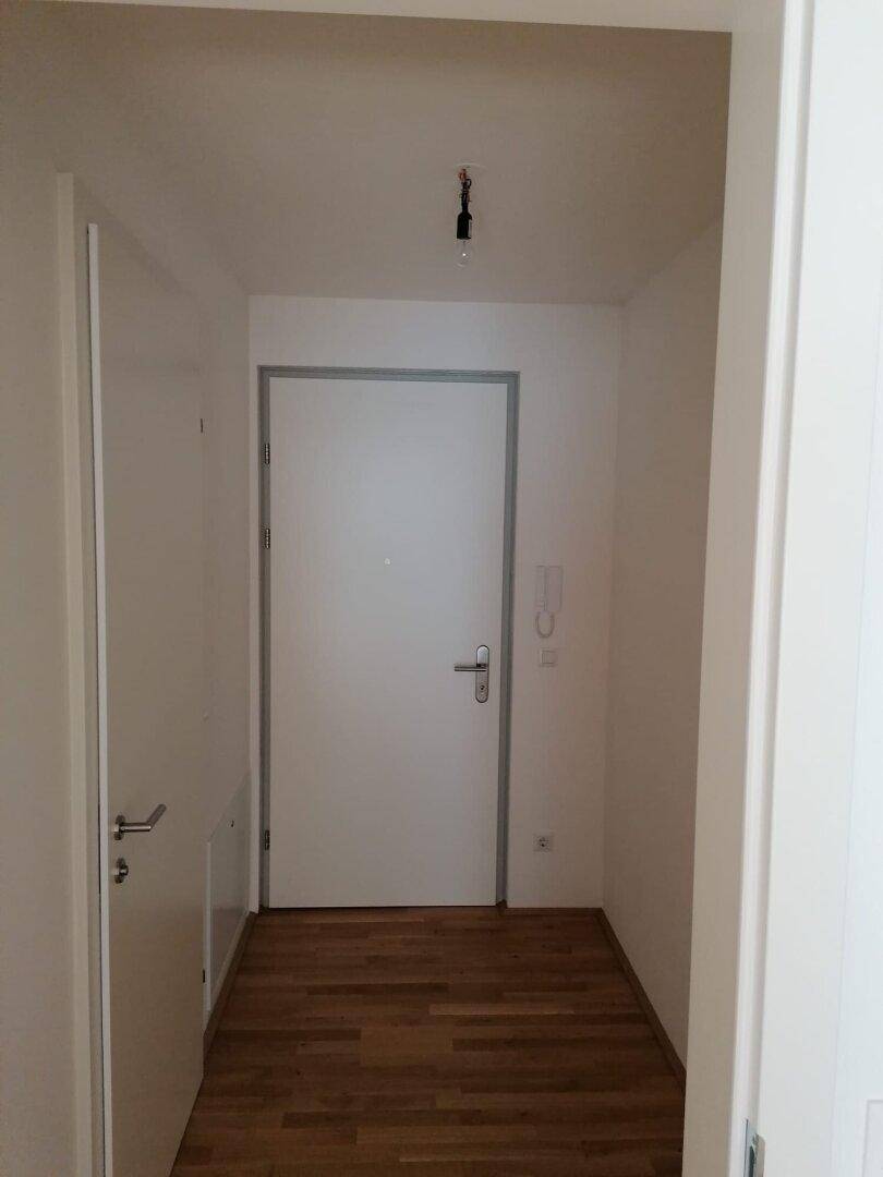 Heller Flur mit Holzboden und einer weißen Eingangstür, die in die Wohnung führt.
