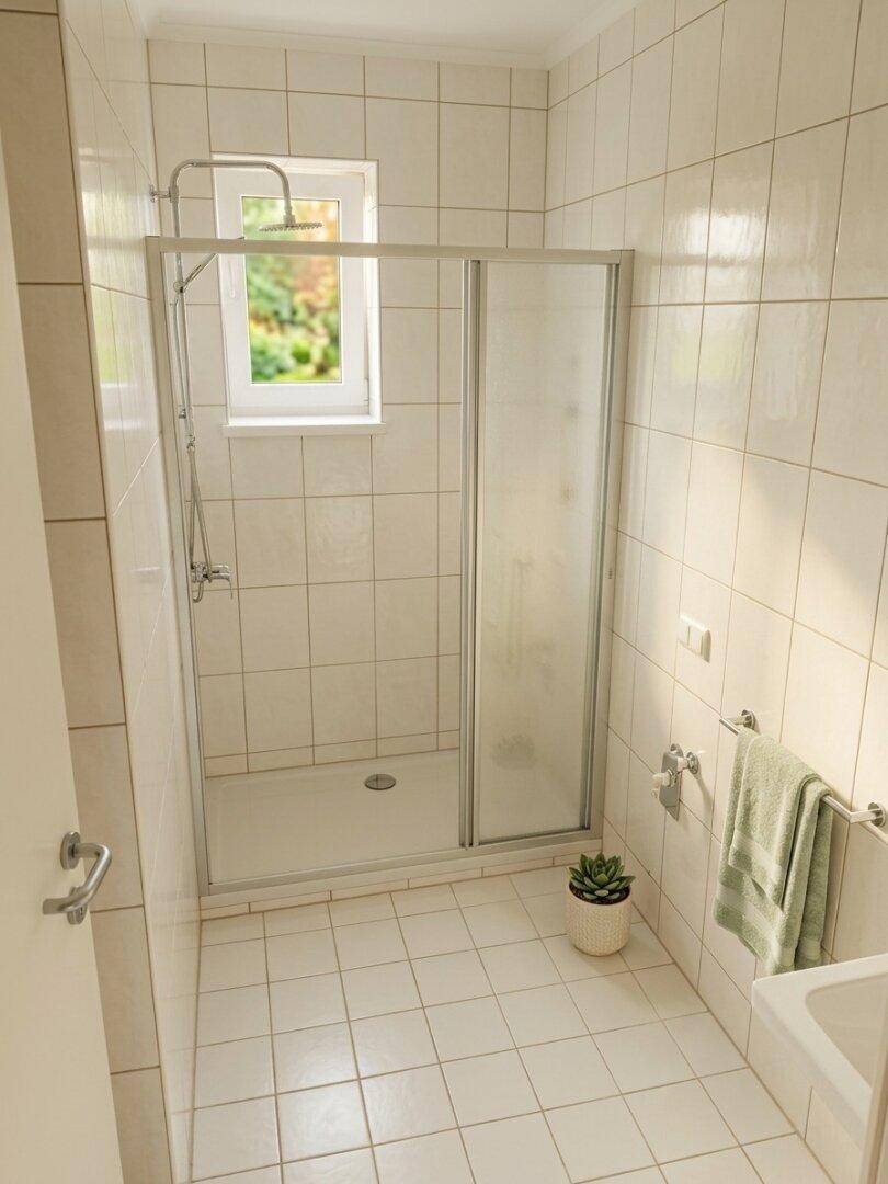 Helles Badezimmer mit Duschkabine, Fenster und weißen Fliesen.