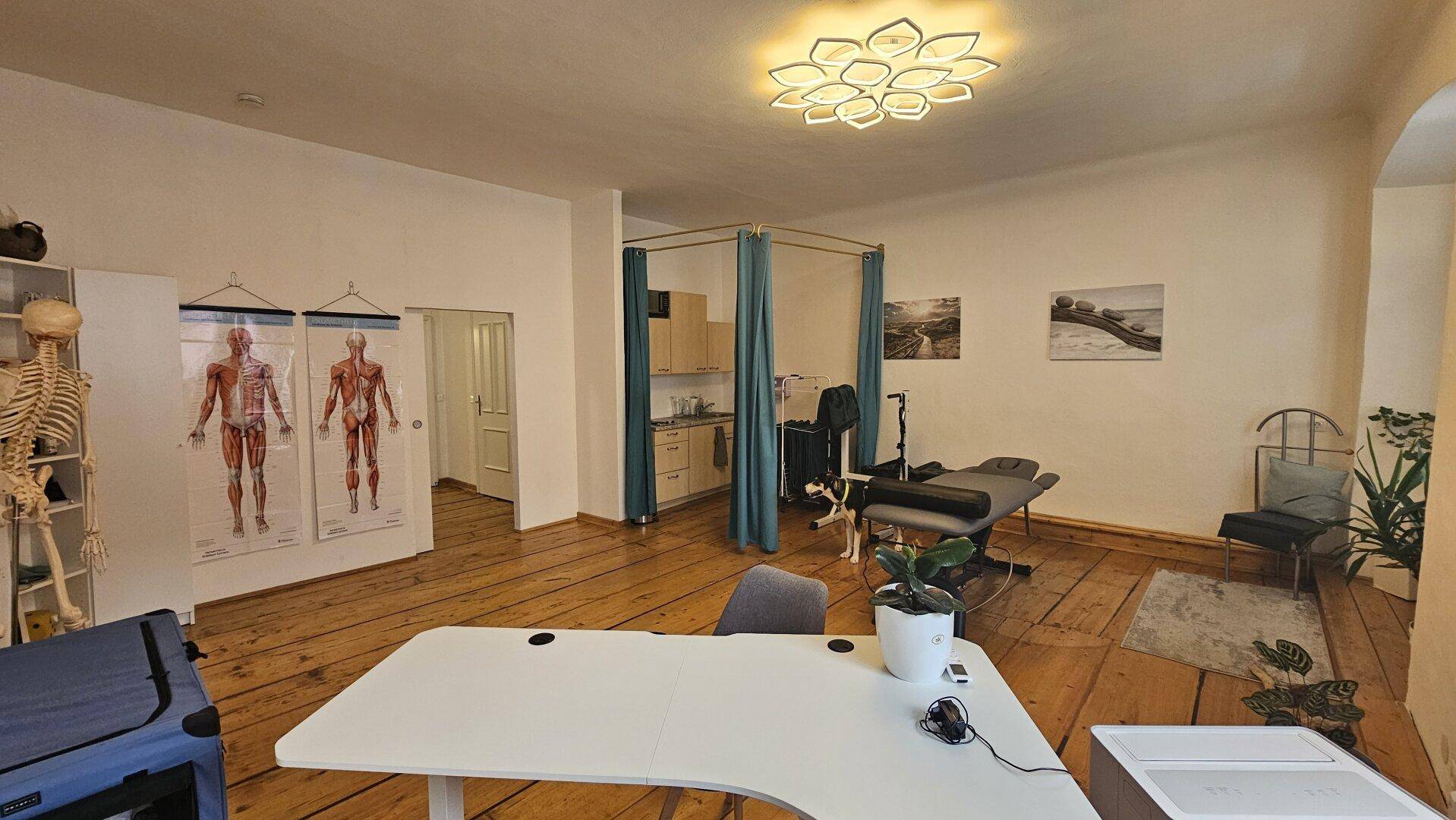 Therapieraum mit integrierter kleiner Küchenzeile hinter einem Vorhang und Holzdielenboden.