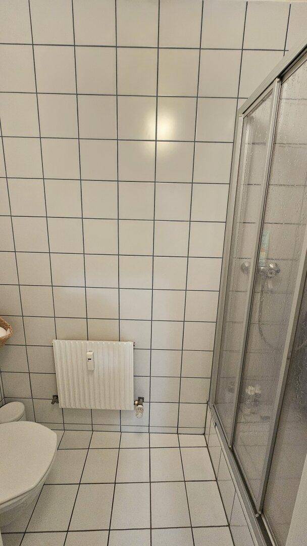 Gefliestes Badezimmer mit Duschkabine, Toilette und einem Heizkörper an der Wand.