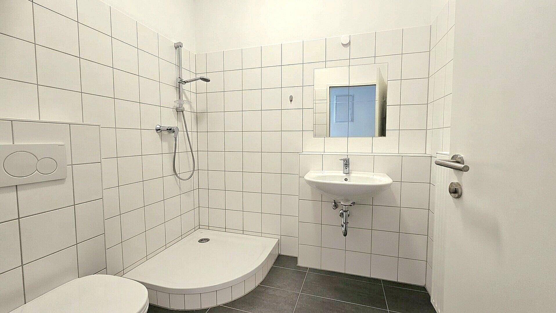 Modernes Badezimmer mit Duschkabine, WC und Waschbecken, komplett gefliest.