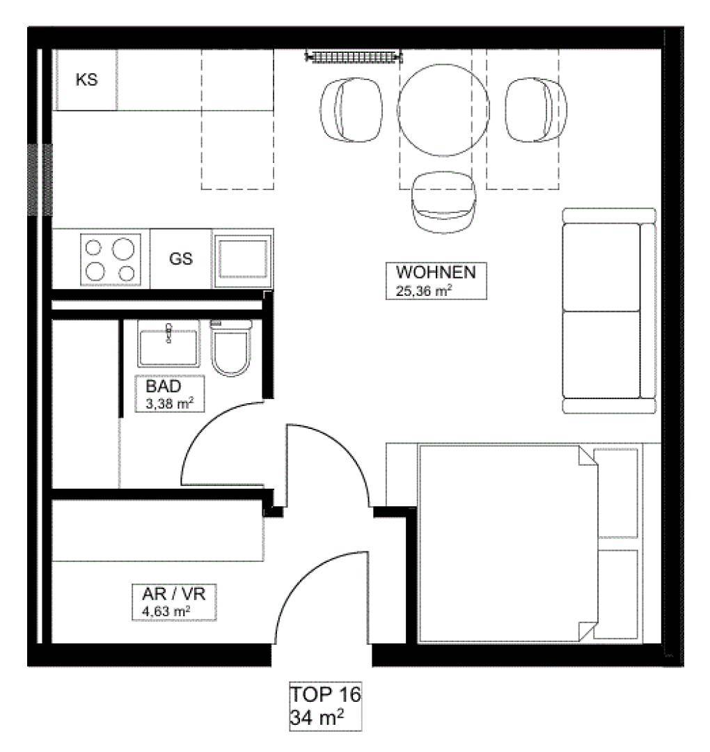 Grundriss einer kleinen Wohnung mit separatem Schlafzimmer und offenem Wohnbereich.