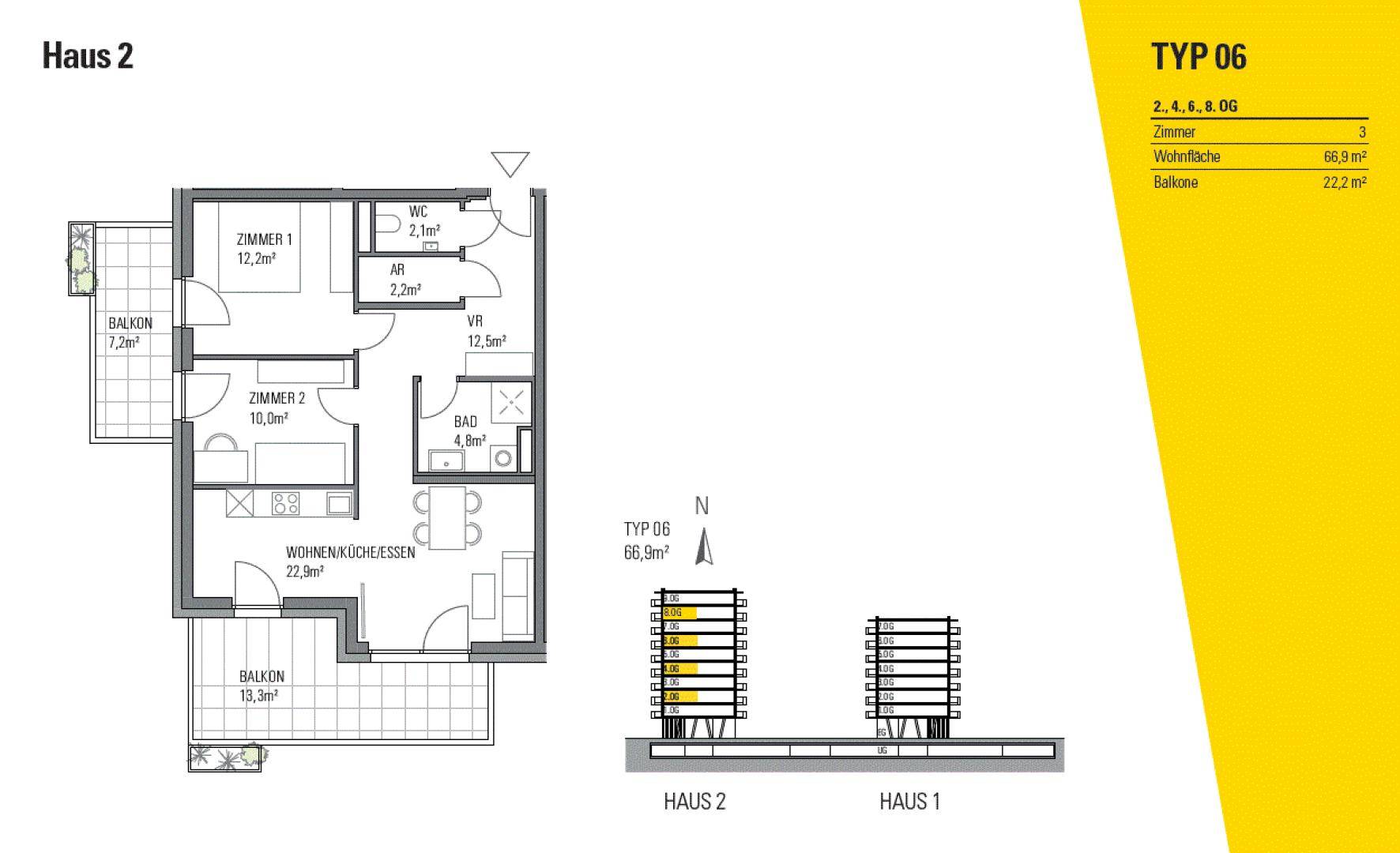 Grundriss für Wohnung Typ 06 in Haus 2 mit drei Zimmern, Wohnküche und zwei Balkonen.