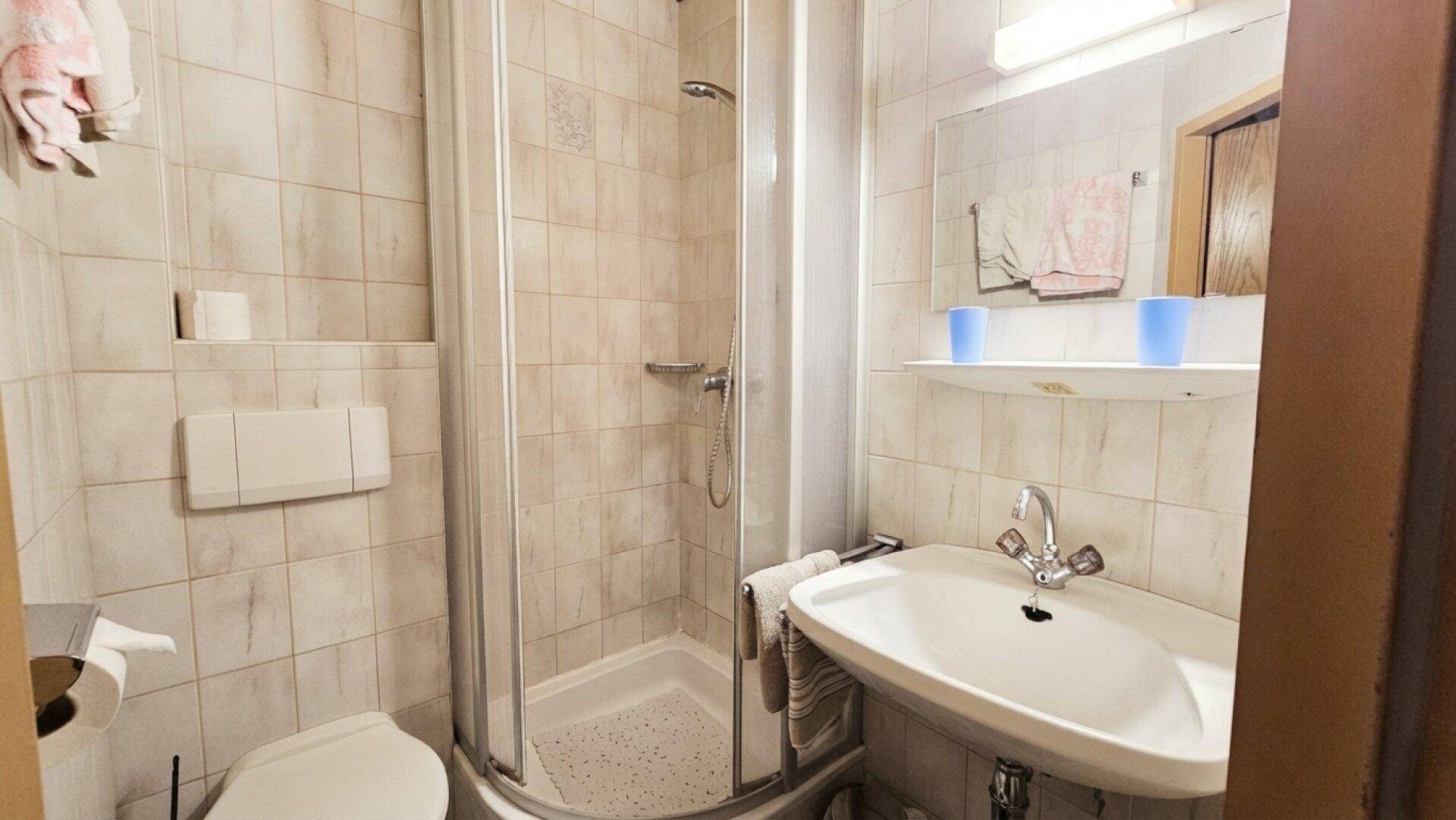 Helles Badezimmer mit Duschkabine, WC und Waschbecken, komplett gefliest in neutralen Farbtönen.