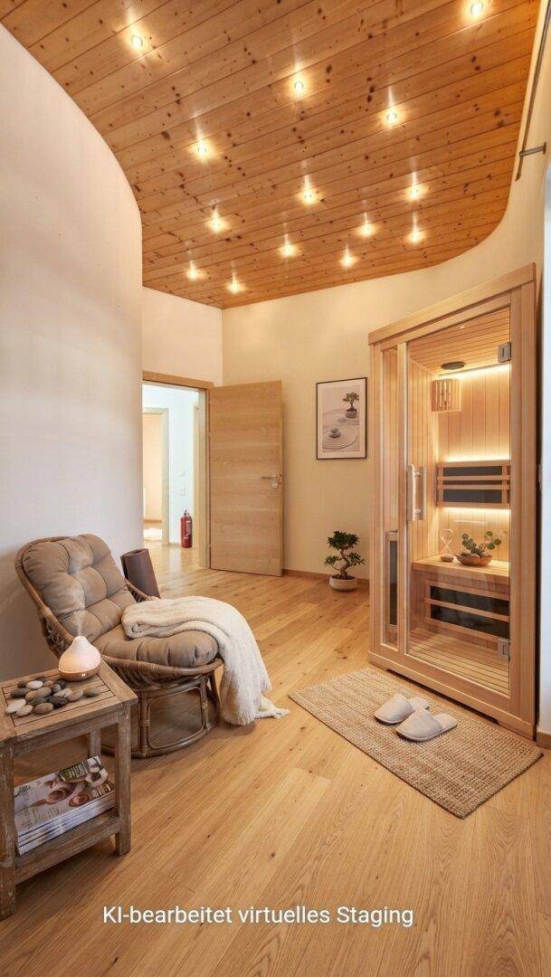 Entspannungsbereich mit Holzdecke, bequemen Sessel und einer modernen Sauna, ideal zum Wohlfühlen, virtuell inszeniert.