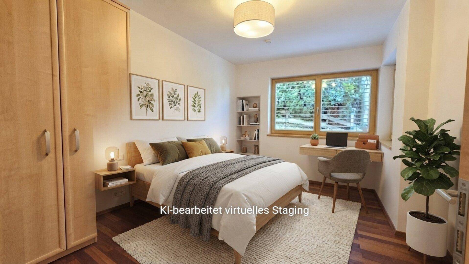 Schlafzimmer mit Doppelbett, Schreibtisch und Blick ins Grüne, ergänzt durch einen Holzschrank, virtuell inszeniert.