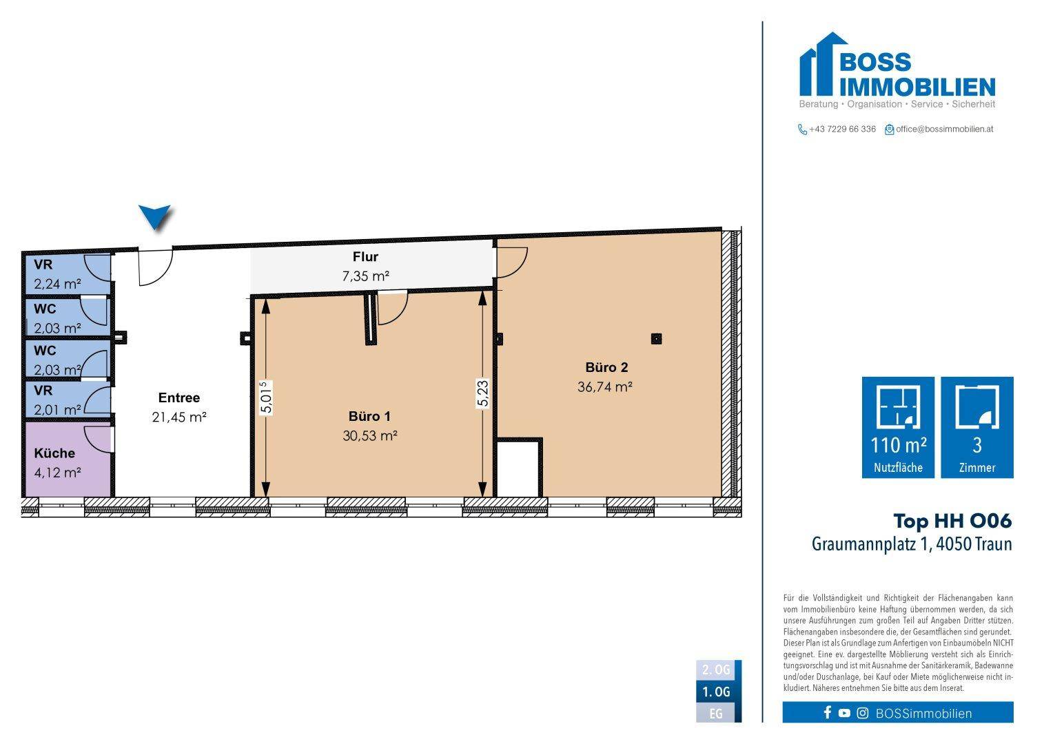 Grundrissplan mit drei Büroräumen, Flur, Küche und Toiletten auf 110 m² Fläche.
