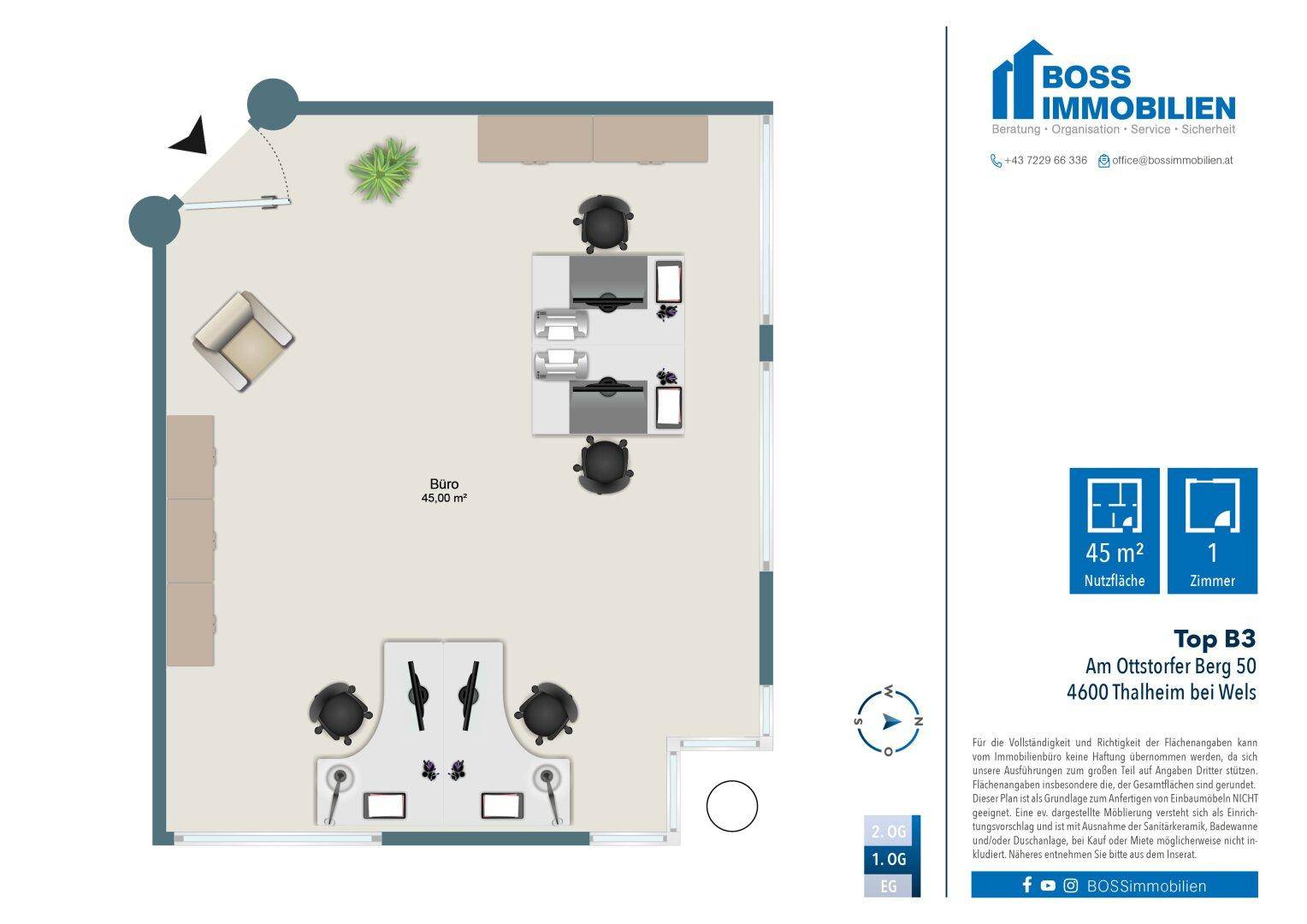 Grundriss des Büros mit 45 m² Nutzfläche und einem Zimmer, inklusive Möblierungsvorschlag.