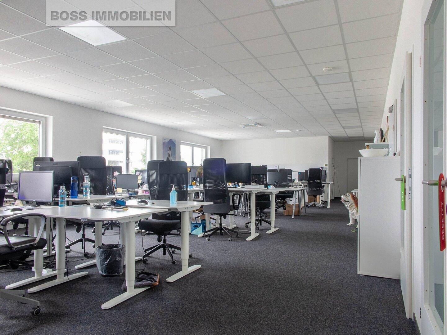 Weitläufiges Büro mit vielen Schreibtischen, ergonomischen Stühlen und heller Beleuchtung.