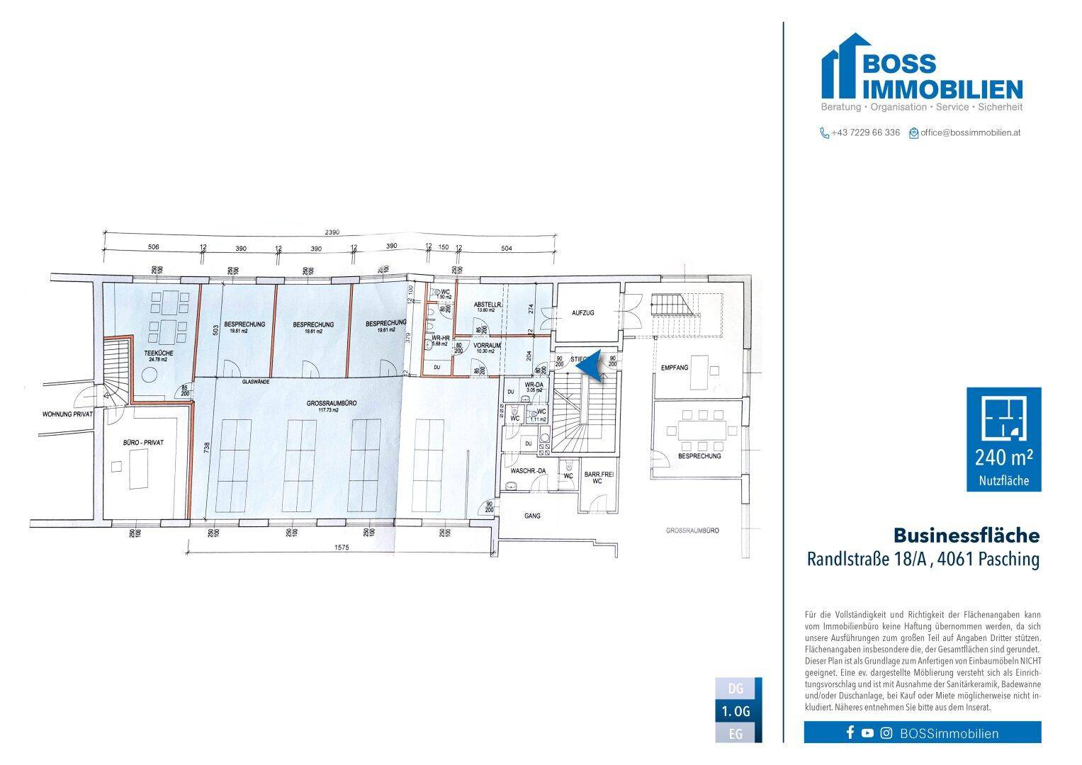 Detaillierter Grundriss einer 240 m² großen Geschäftsfläche mit Büros und Nebenräumen.