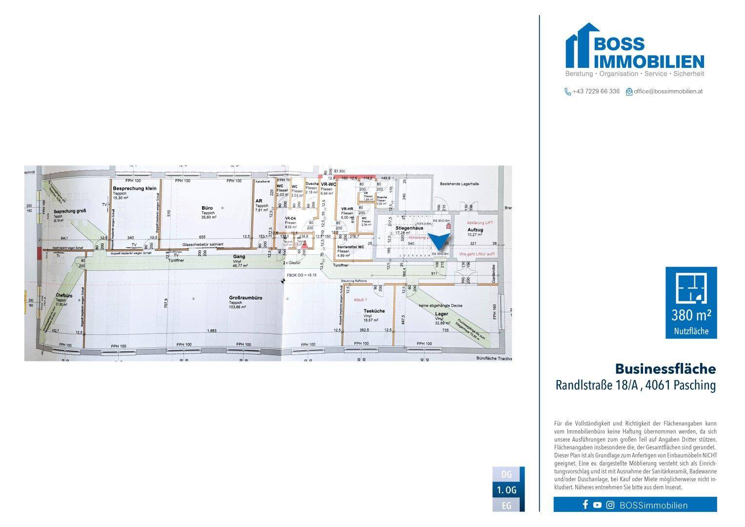 Übersichtlicher Grundriss einer Geschäftsfläche von 380 m² mit Lager- und Bürobereichen.