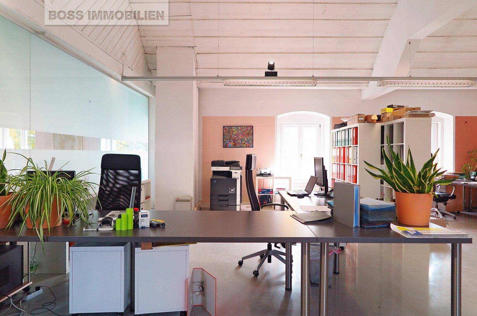 Arbeitsplatz in einem Großraumbüro mit Schreibtisch, Bürostuhl, Pflanzen und Blick auf Fenster.