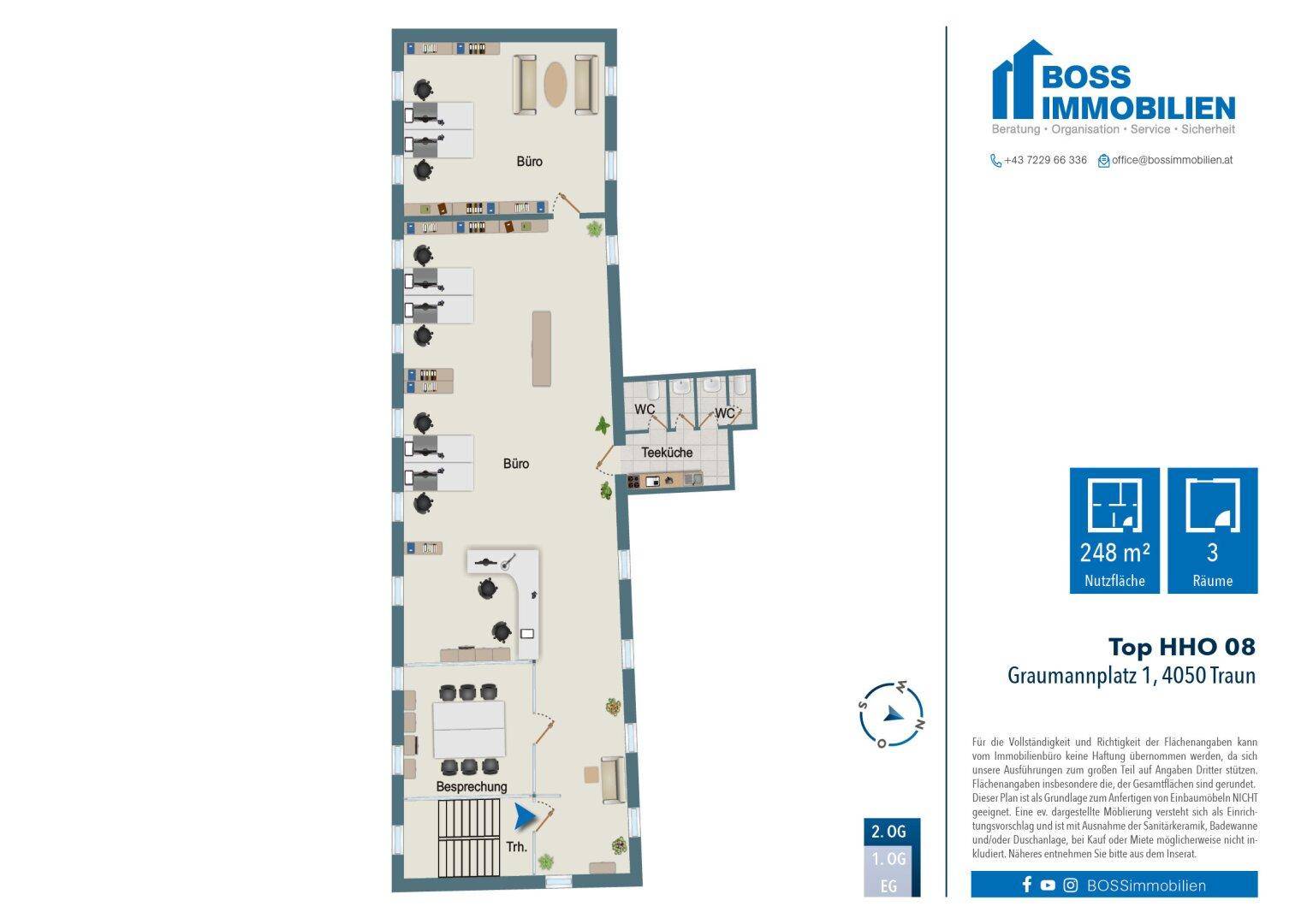 Grundriss für ein Büro mit 248 m² Nutzfläche, Teeküche und Besprechungsraum.