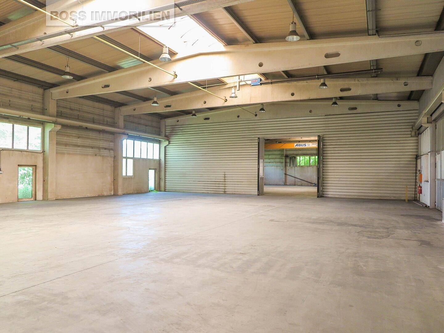 Große, leere Lagerhalle mit offenem Rolltor, hohen Decken und viel Tageslicht, ideal für Logistik.