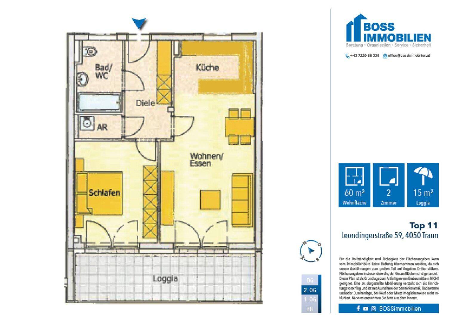 Grundriss der Wohnung mit offenem Wohn-Essbereich, separatem Schlafzimmer und Loggia.