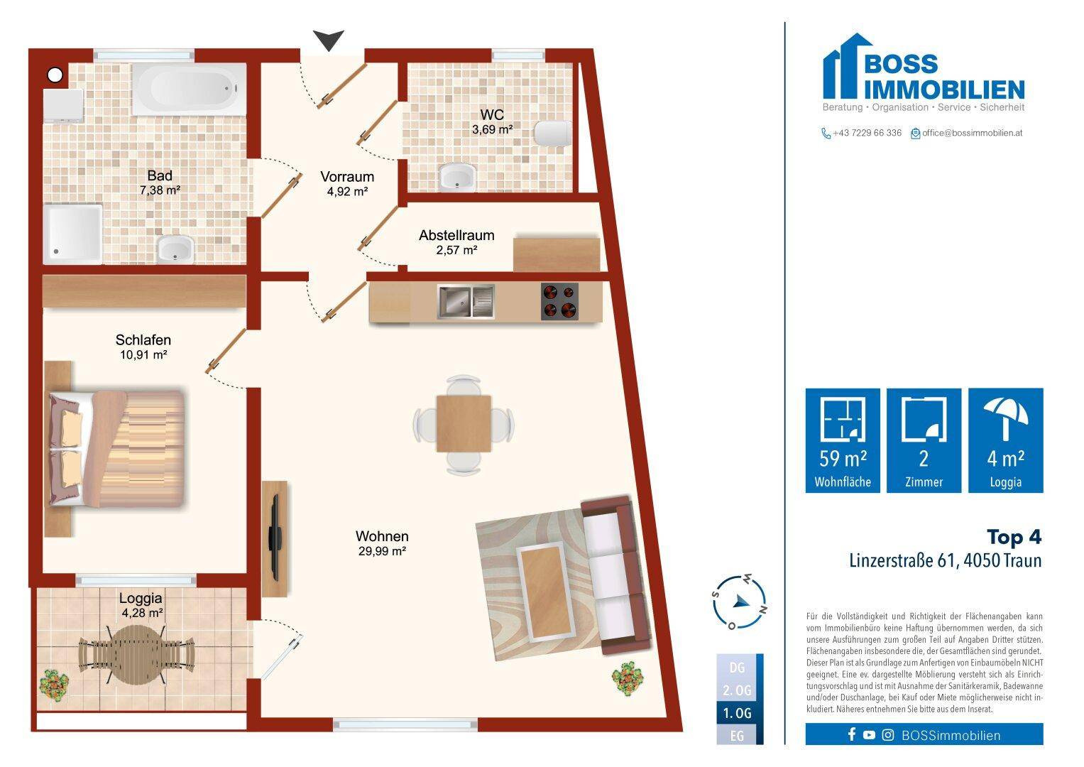 Detaillierter Grundriss einer Wohnung mit Schlafzimmer, Bad, WC, Wohnbereich und Loggia.