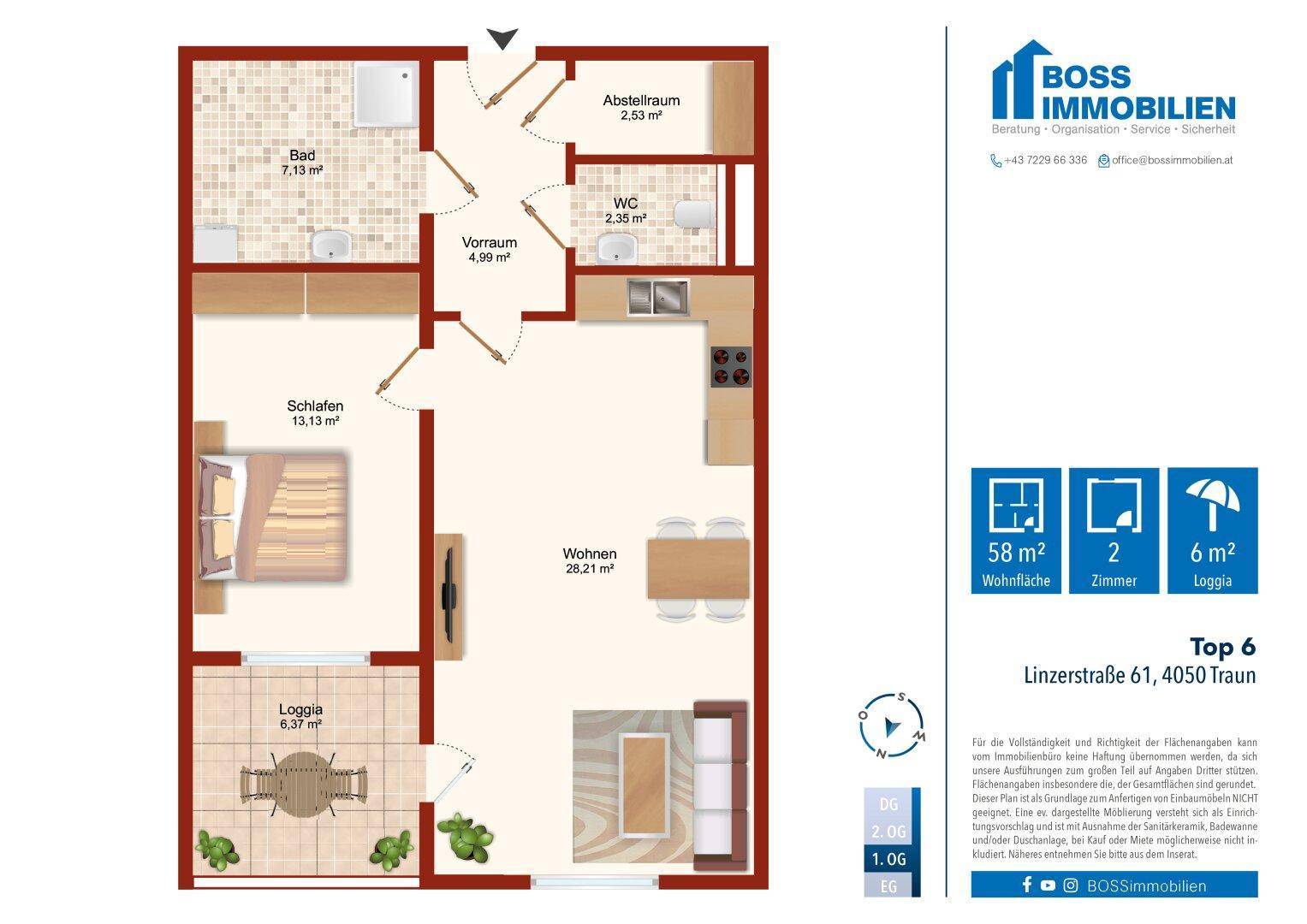 Detaillierter Grundriss einer Wohnung mit Schlafzimmer, Wohnbereich, Bad und Loggia.