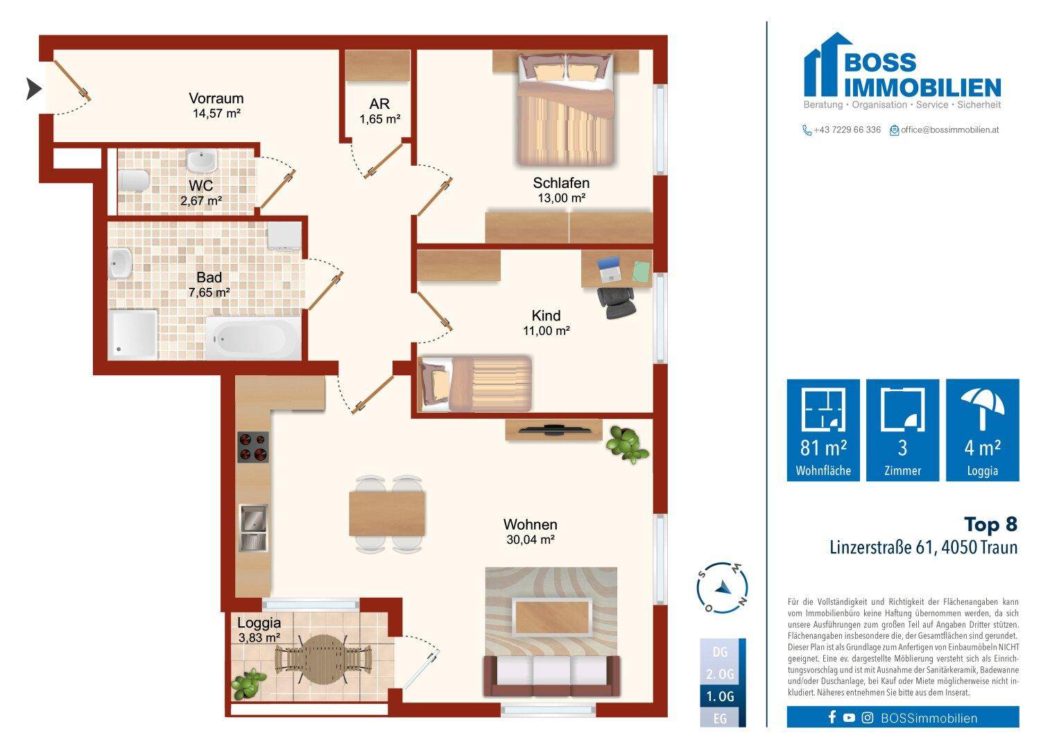 Detaillierter Grundrissplan einer Wohnung mit drei Zimmern, Loggia und separatem WC.