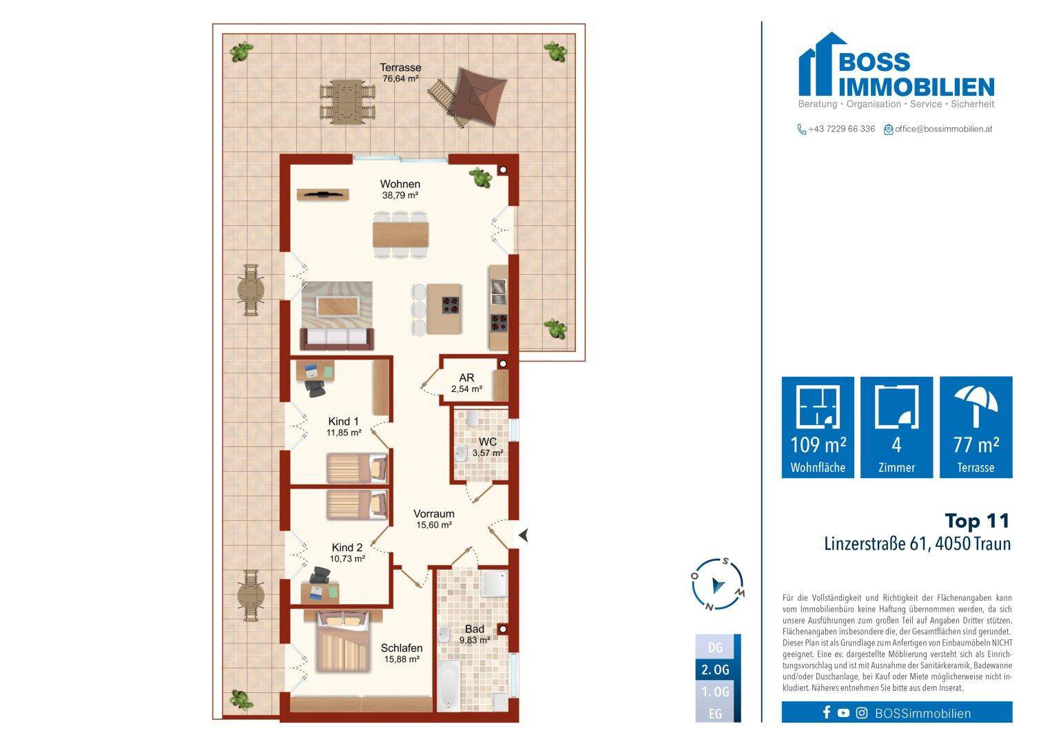 Detaillierter Grundriss einer Wohnung mit vier Zimmern, großer Terrasse und Bad.