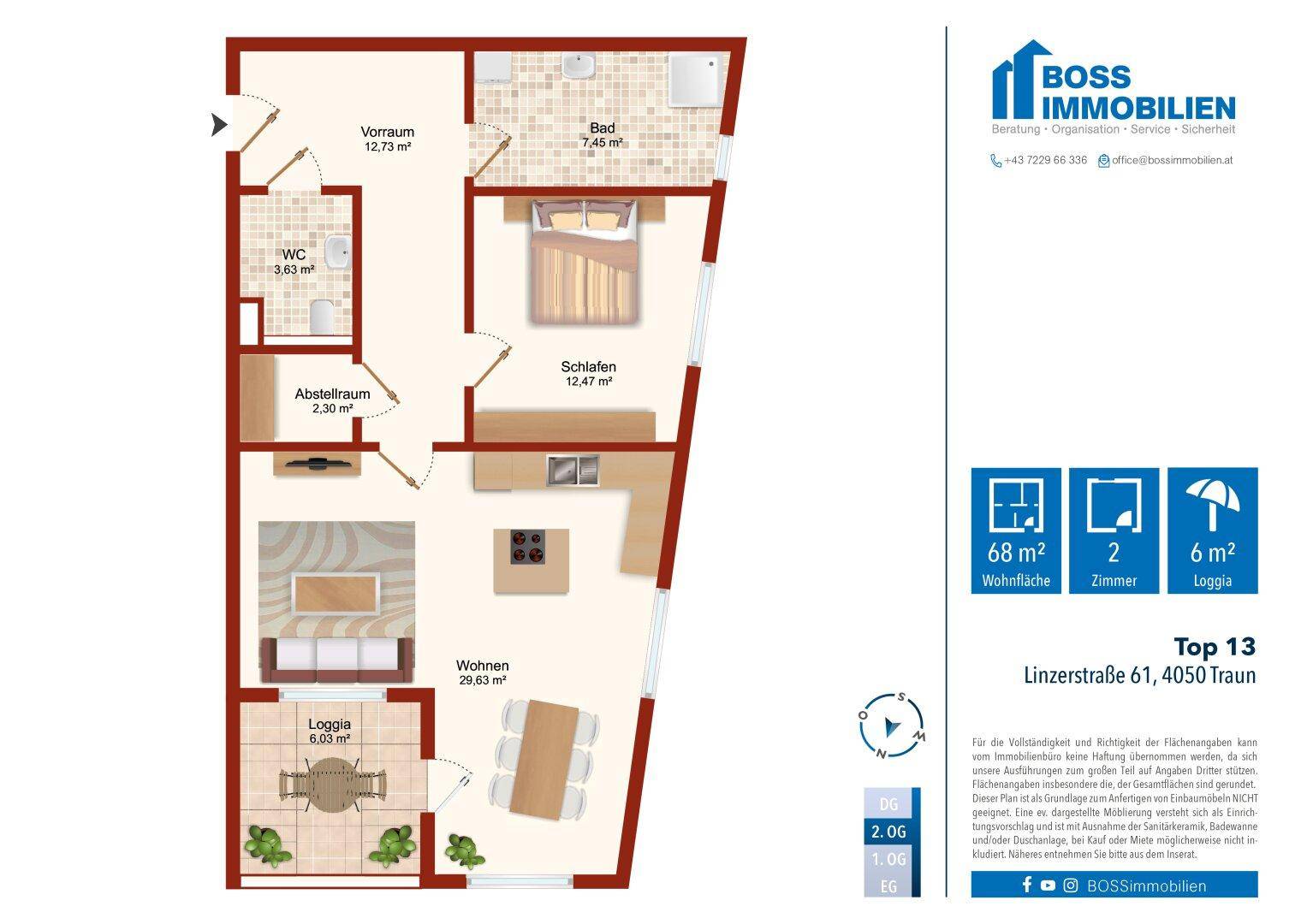 Grundriss der Wohnung mit Wohnbereich, Schlafzimmer, Bad und Loggia.