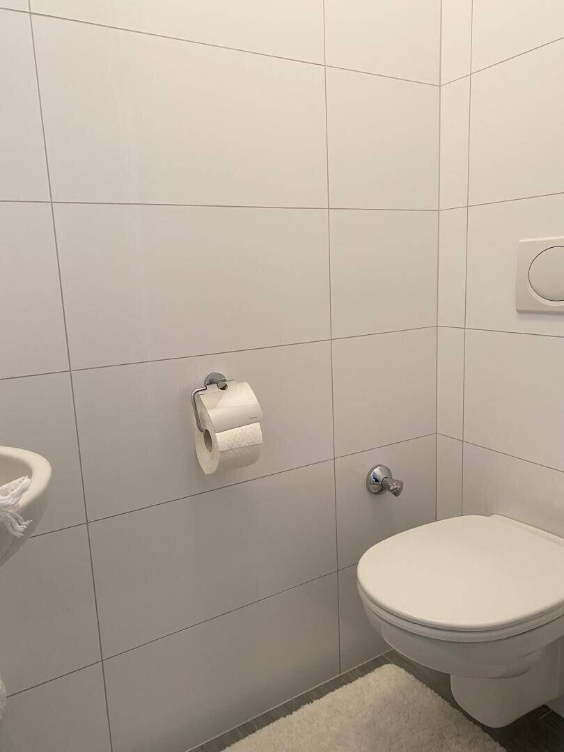 Separate Toilette mit Wand-WC und kleinem Waschbecken.