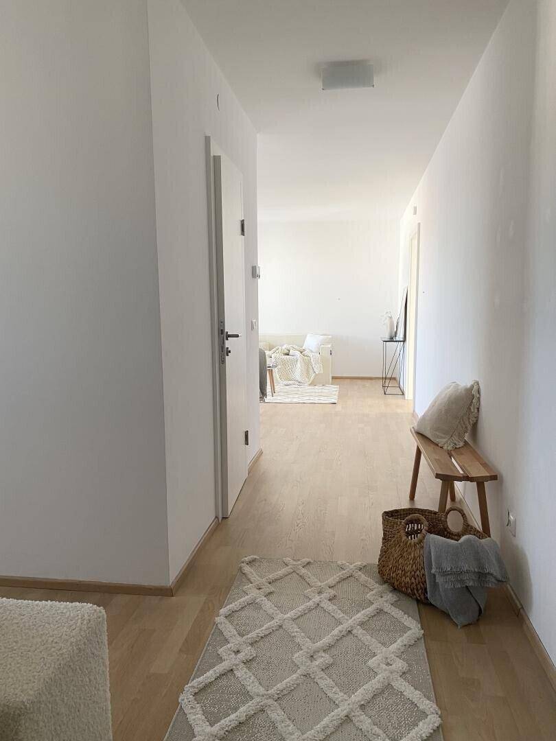 Langer, heller Flur mit Holzboden und modernem Teppichläufer.